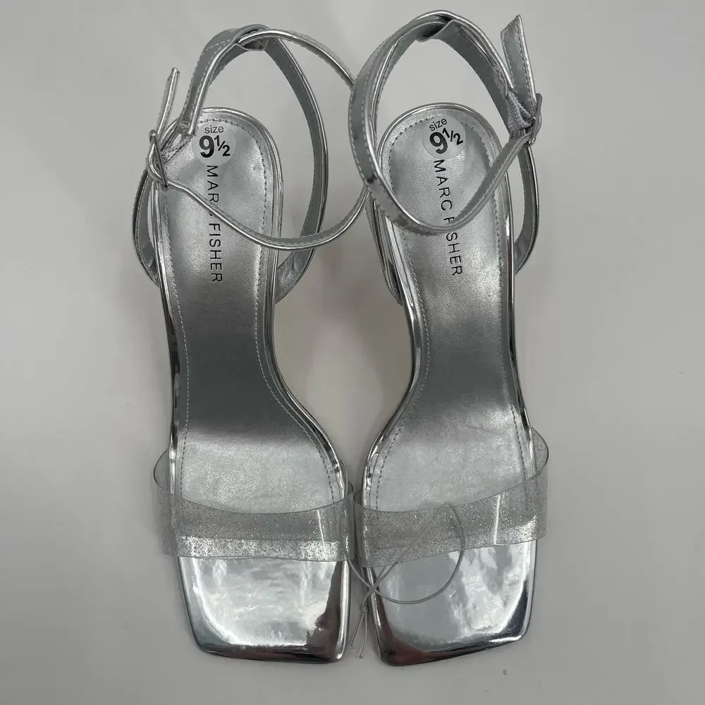 MARC FISHER Heels Breta Size 9.5 Chrome Silver Clear Sparkle Prom Homecoming